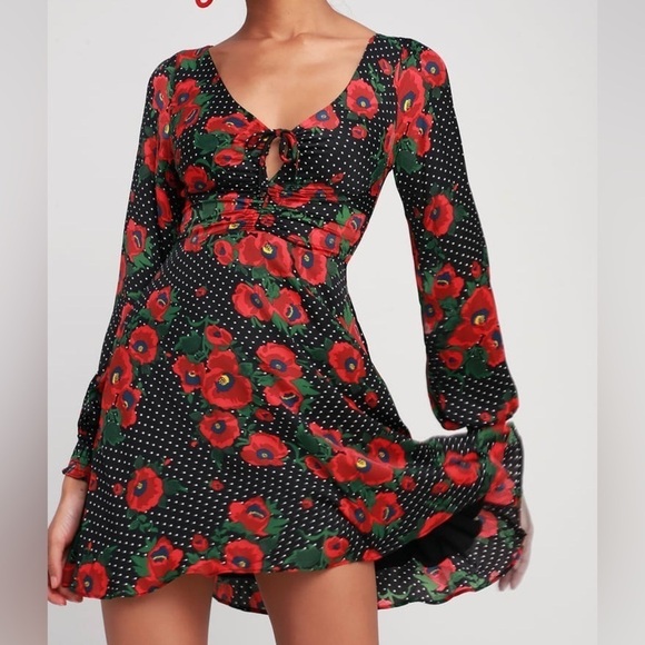 FREE PEOPLE Morning Light Mini Dress - Black Polka Dot & Red Poppy Floral Size 2 - Picture 2 of 9